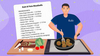 Cartoon drawing of making kale meatballs, complete with the recipe to do so