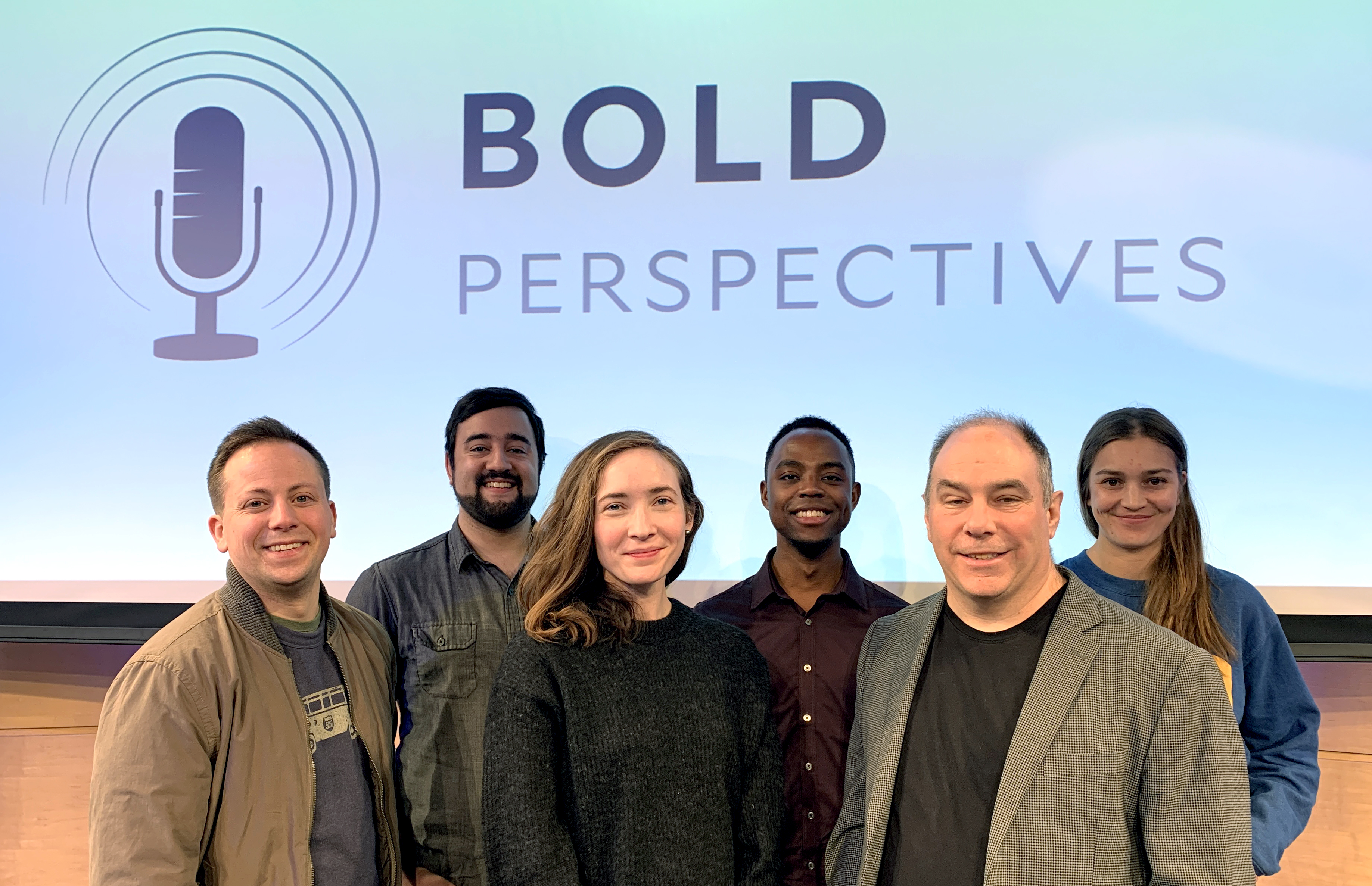 BOLD Perspectives NYC Speakers, from L to R: Cody Pomeranz ’15, Robert Scaramuccia ’19, Dr. Kristin Budde, Johnathan Terry ’17, Matthew Dicks, and Natalina Lopez ’16.