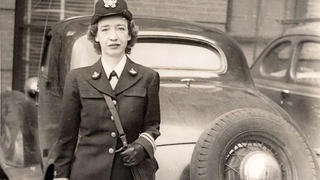 Hopper standing behind a car parked near Cruft Lab, Harvard University, ca. 1945–1947, where she worked on the Mark I computer. (Photo courtesy of Grace Murray Hopper Collection, Archives Center, National Museum of American History, Smithsonian Institution)