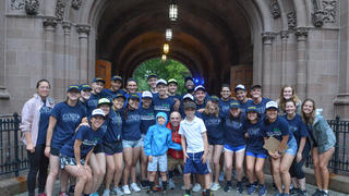 A group of students gathered on Yale campus on move-in day.