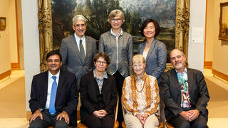 The four alumni of the Graduate School of Arts & Sciences who were honored with Wilbur Cross Medals are pictured here at the award ceremony on Oct. 7. They are (seated, left to right) Urgit Ravindra Patel, Susan Kidwell, Ruth Garret Millikan, and Douglas Green. Pictured with the medalists are (standing, left to right) Peter Salovey, university president; Lynn Cooley, dean of the Graduate School of Arts and Sciences; and Anna Barry, chair of the Graduate School Alumni Association. Photo credit: Tony Fiorini