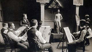 Students in a painting classroom at the Yale School of Fine Arts, circa 1907
