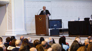 President Peter Salovey '86 PhD gives his university update during the 2019 YAA Assembly and Yale Alumni Fund Convocation. 