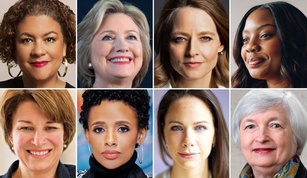 Top row, left to right: Elizabeth Alexander ’84, Secretary Hillary Clinton ’73 JD, Jodie Foster ’85, Rhiana Gunn-Wright ’11. Bottom row: Senator Amy Klobuchar ’82, Rahiel Tesfamariam ’09 MDiv, Barbara Bush ’04, Janet Yellen ’71 PhD