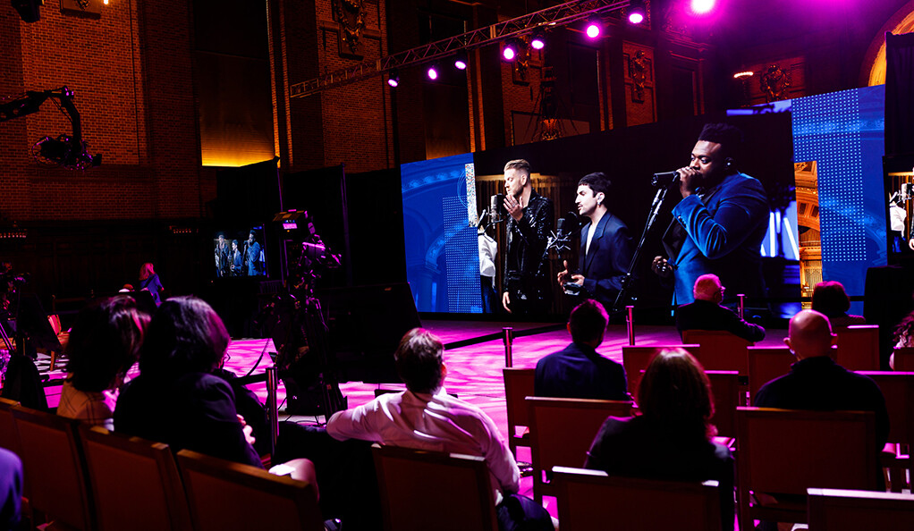 A cappella pop group Pentatonix, featuring Kevin Olusola ’10, performing as part of the Oct. 2 campaign kickoff. (Photo credit: Tony Fiorini)