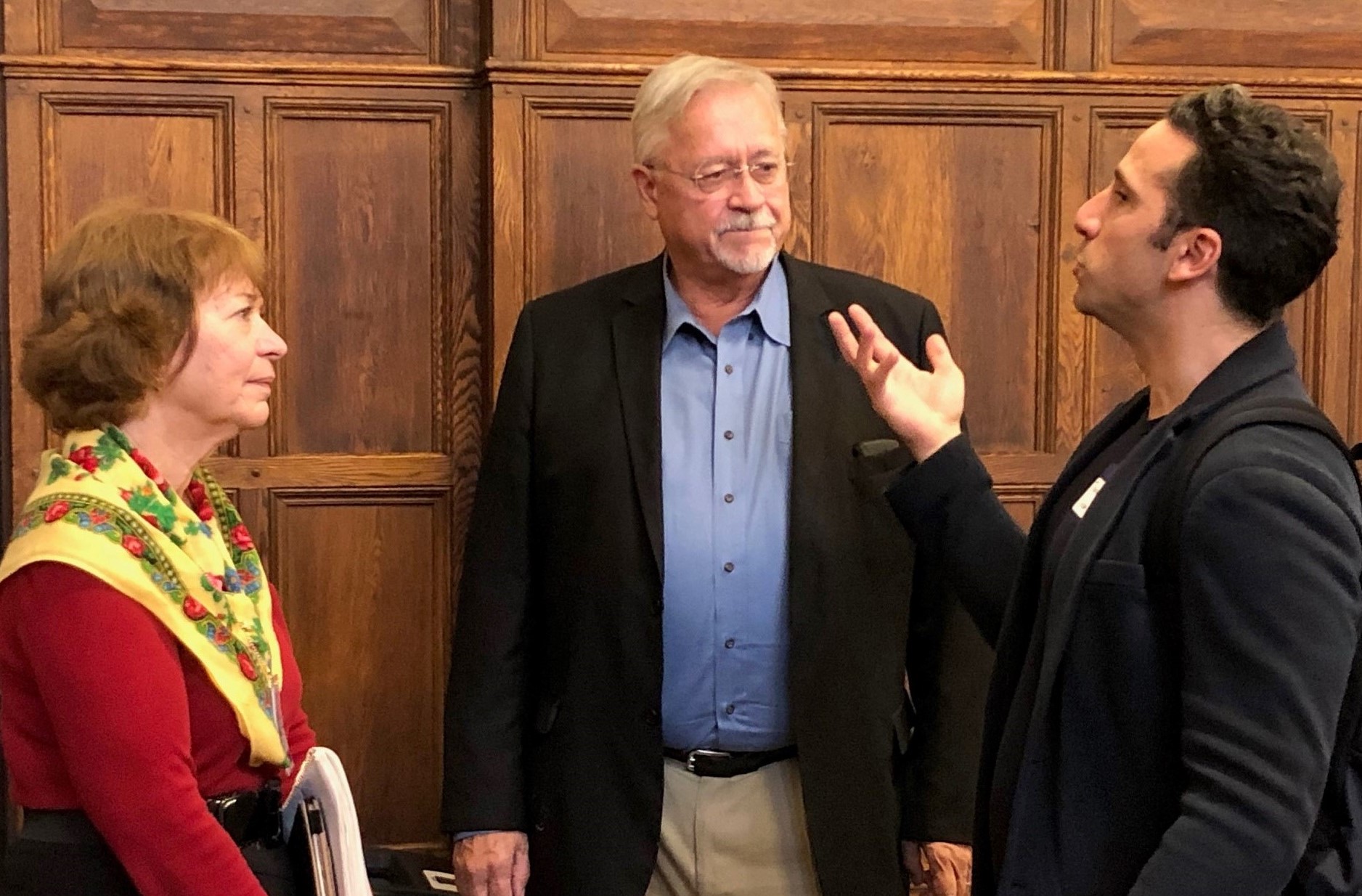 L to R: Melanie Norton, co-chair of DiversAbility at Yale, Jim Conroy ’70, and Thomas Dolan ’05 of the YAA Board of Governors chat after the panel. Photo: Henry Kwan