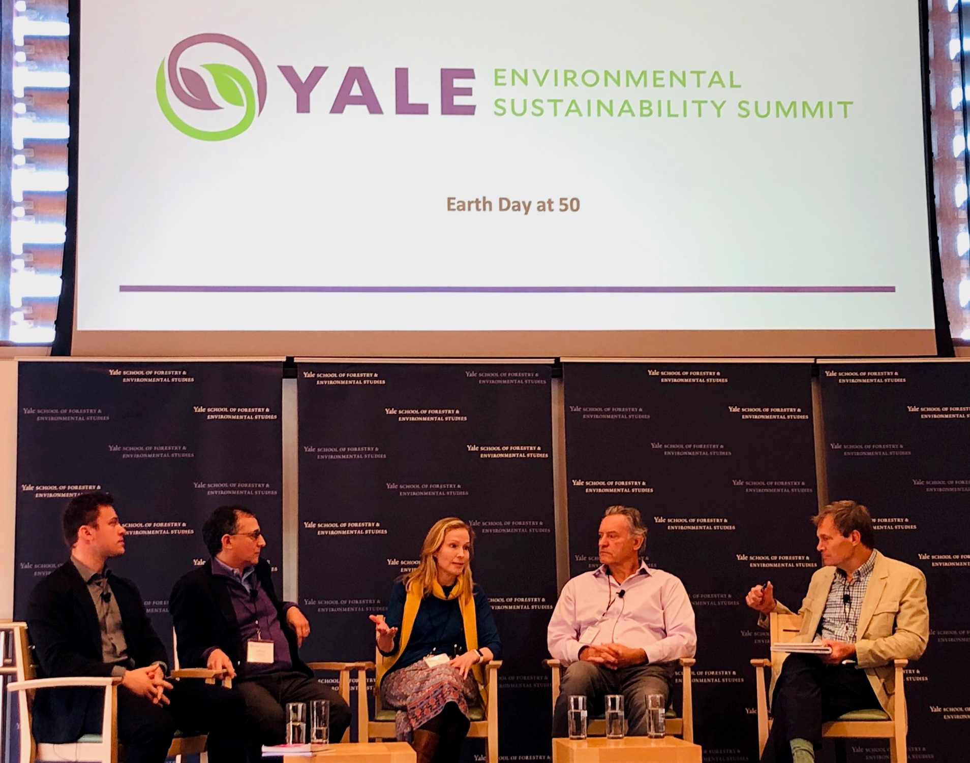 Earth Day at 50 panelists (L to R) Rory Varrato, Jeff Gracer, Sara Goddard, Robert Perschel, and Chip Spear ’74. Photo: Henry Kwan