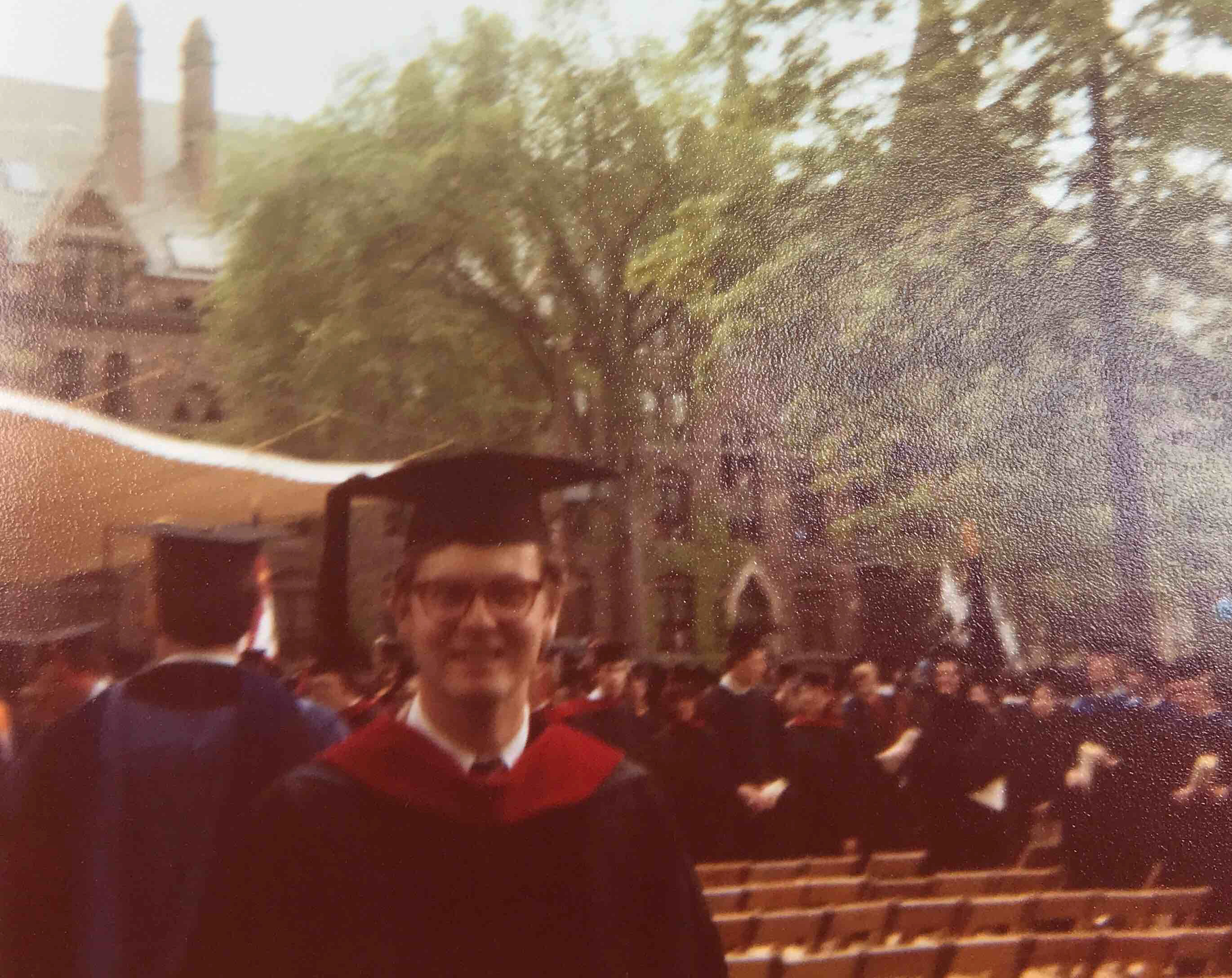 Gus Succop '79 MDiv at Commencement in 1979, with mortarboard..