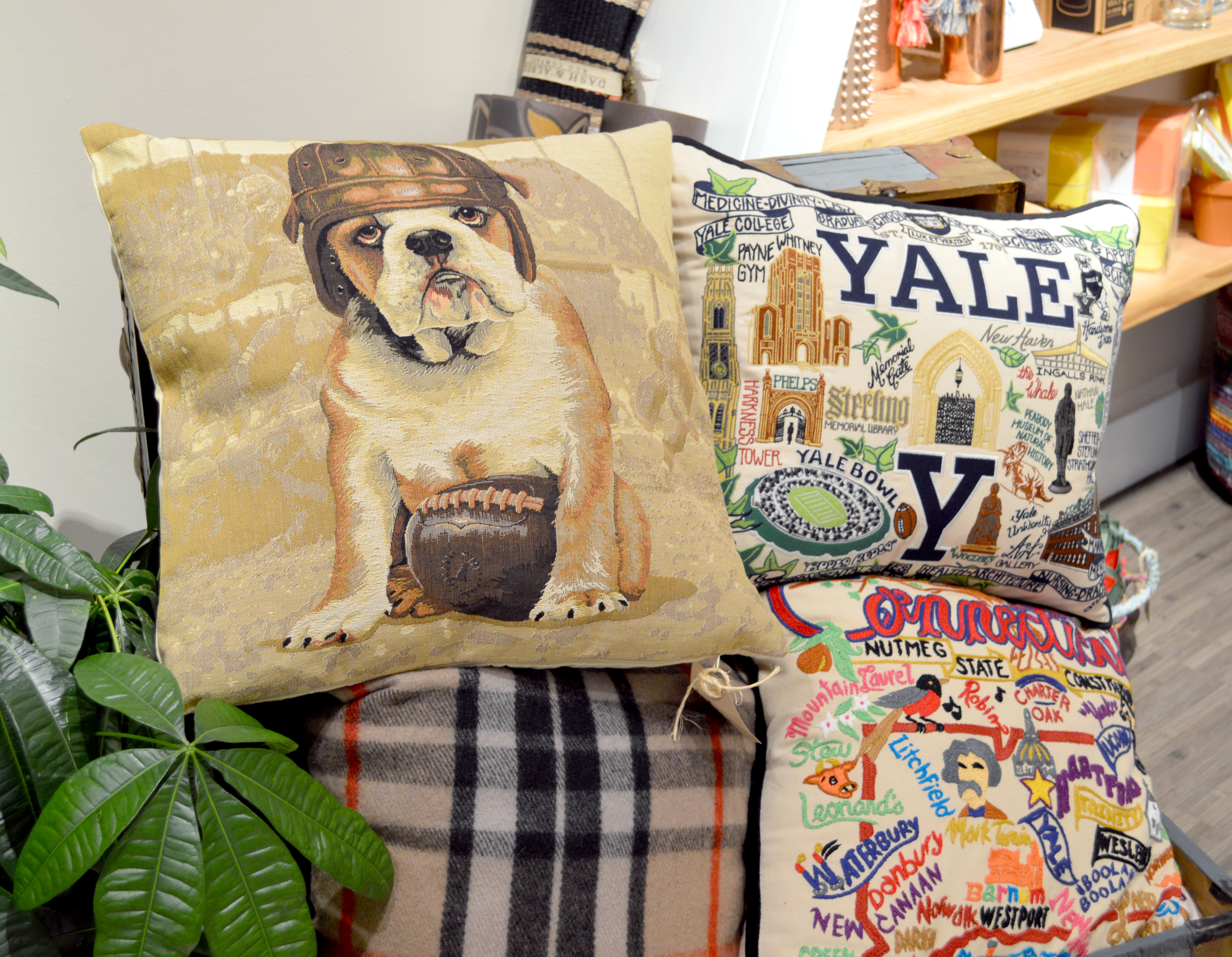 Pillow with Handsome Dan in vintage football attire and pillow with "Yale" name and Yale landmarks artfully embroidered on it.