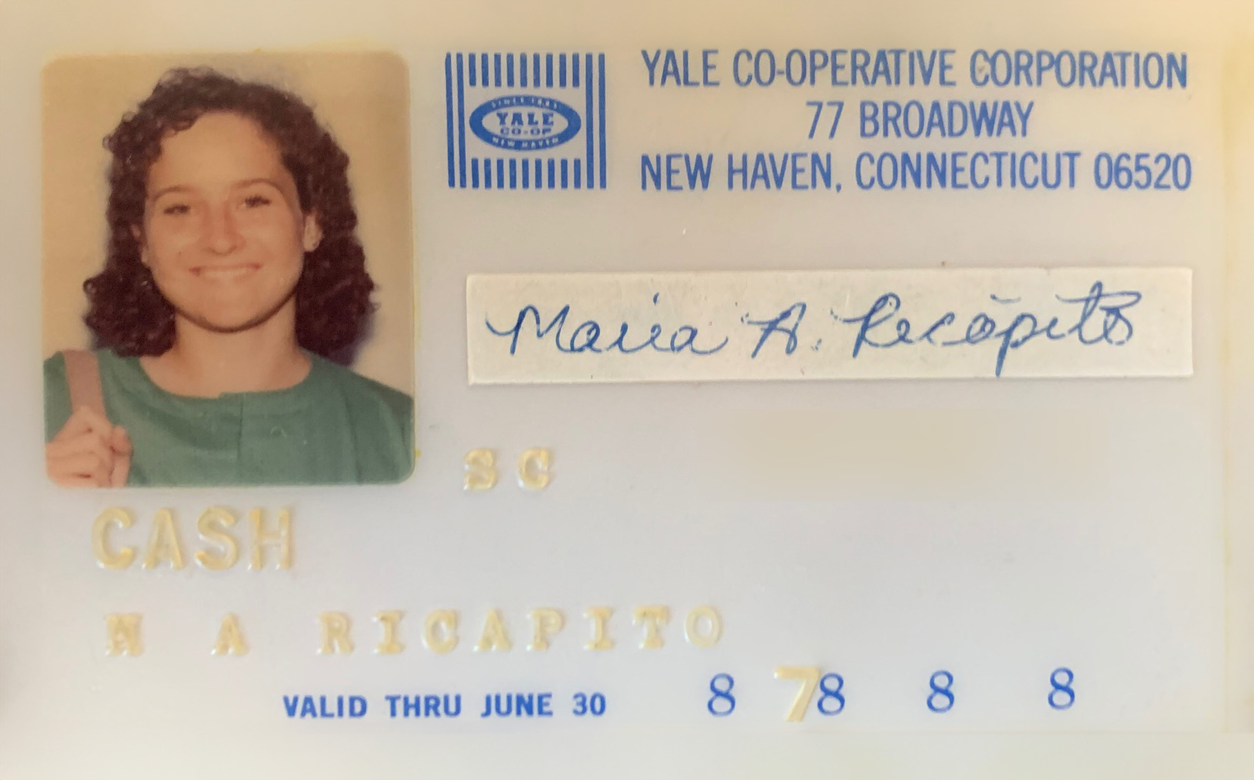 Maria's Yale Co-op card from her time as a student
