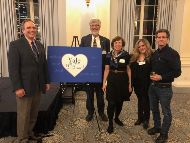 Yale leaders at the Yale Alumni Health Network debut, L to R: Deputy Dean Vincent Wilczynski (Yale School of Engineering and Applied Science), Dean Sten Vermund (Yale School of Public Health), Dr. Christine Walsh ’73 MD (YAHN Steering Committee), Dr. Jamie Wells ’96, and Dean Kamen.