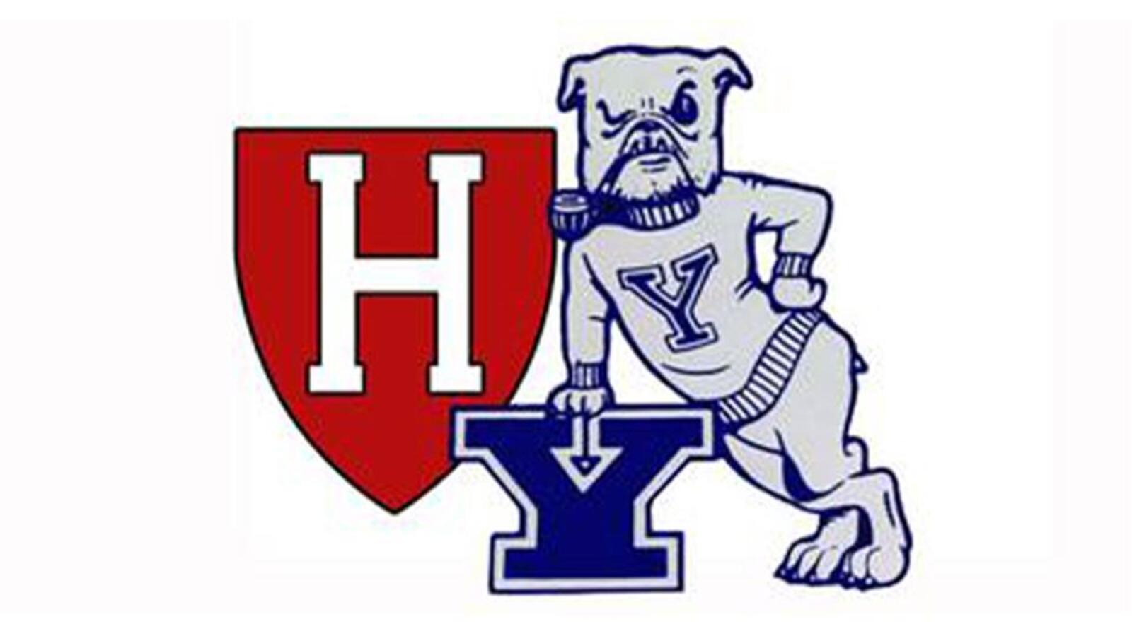 Harvard & Yale logos with Handsome Dan dog cartoon