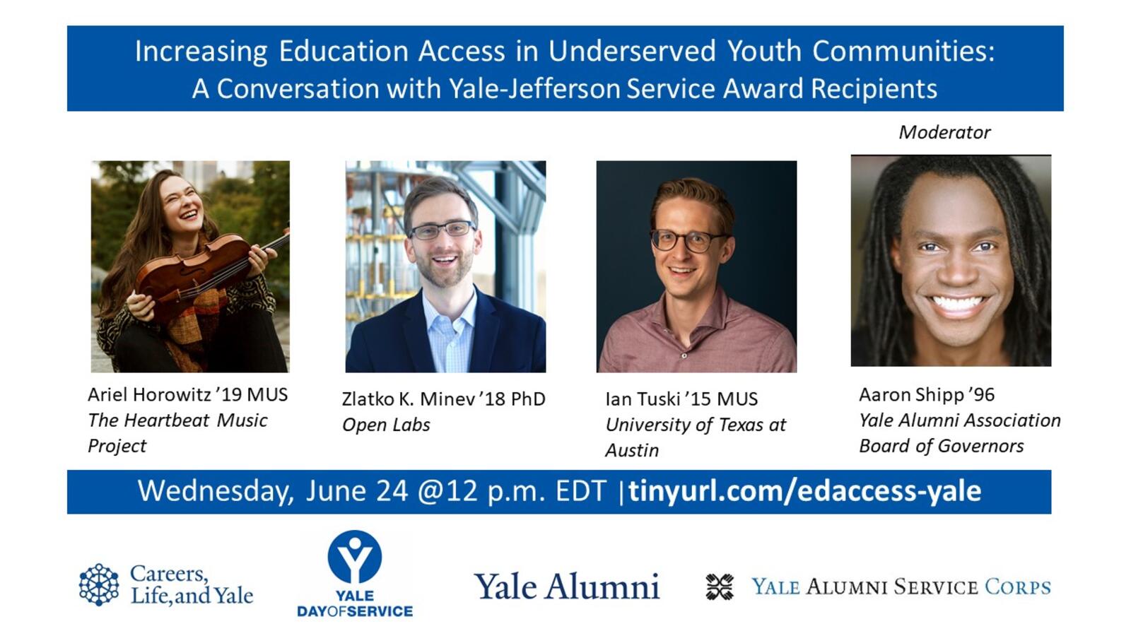 Graphic for webinar, "Increasing Education Access in Underserved Youth Communities: A Conversation with Yale-Jefferson Award Recipients"