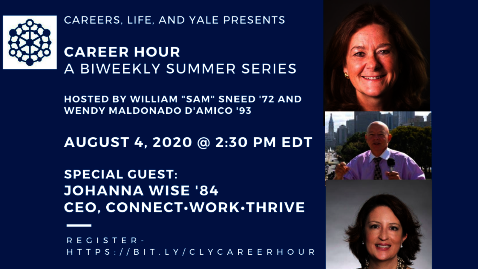 Graphic for webinar, "Career Hour with Johanna Wise '84"