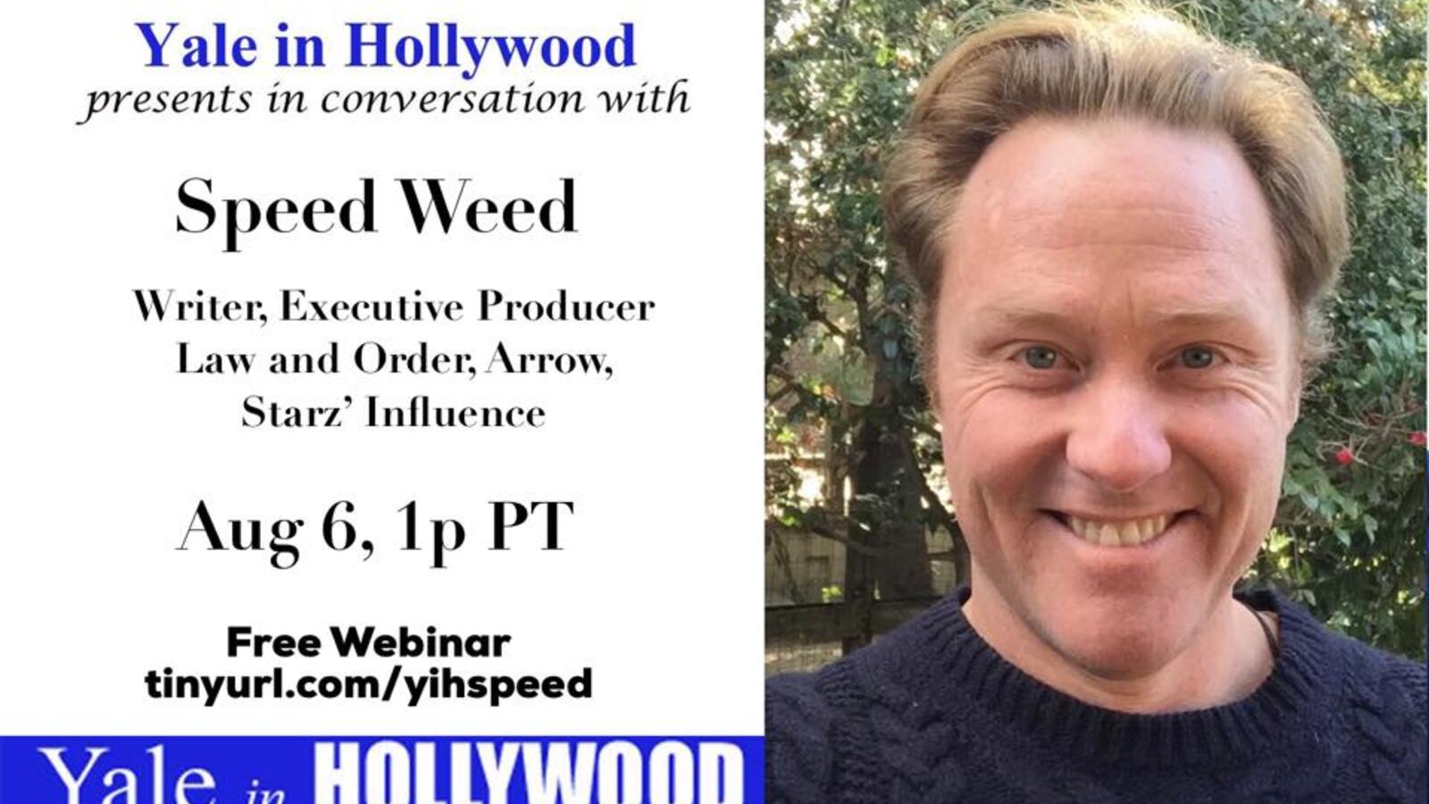 Graphic for webinar, "In Conversation: Speed Weed '93, Writer/Producer"