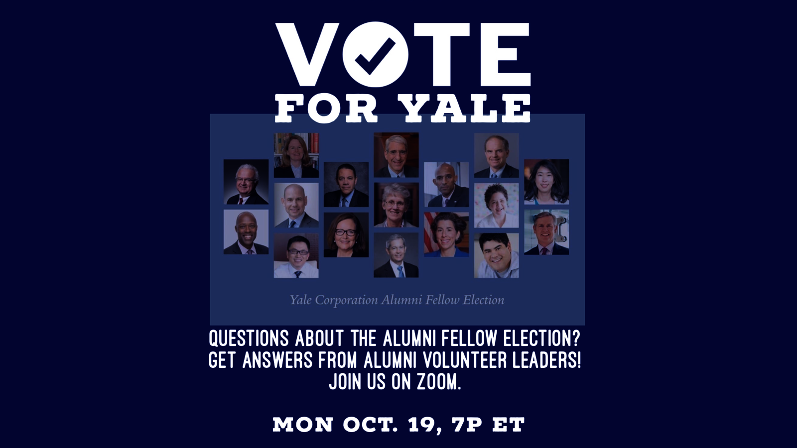 Graphic for webinar, "Vote for Yale! An Alumni to Alumni Q&A on Yale Alumni Fellow Election"