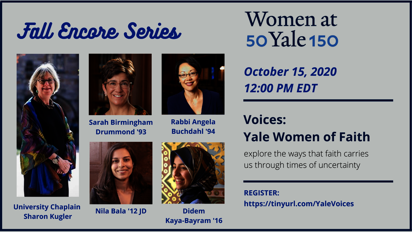 Graphic for webinar, "Voices: Yale Women of Faith"