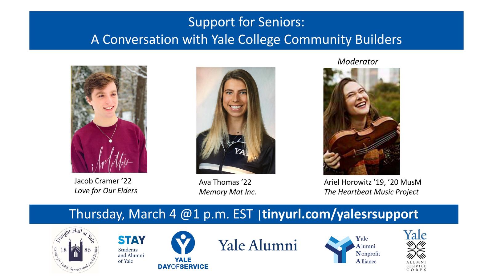 Webinar graphic, Support for Seniors: A Conversation with Yale College Community Builders