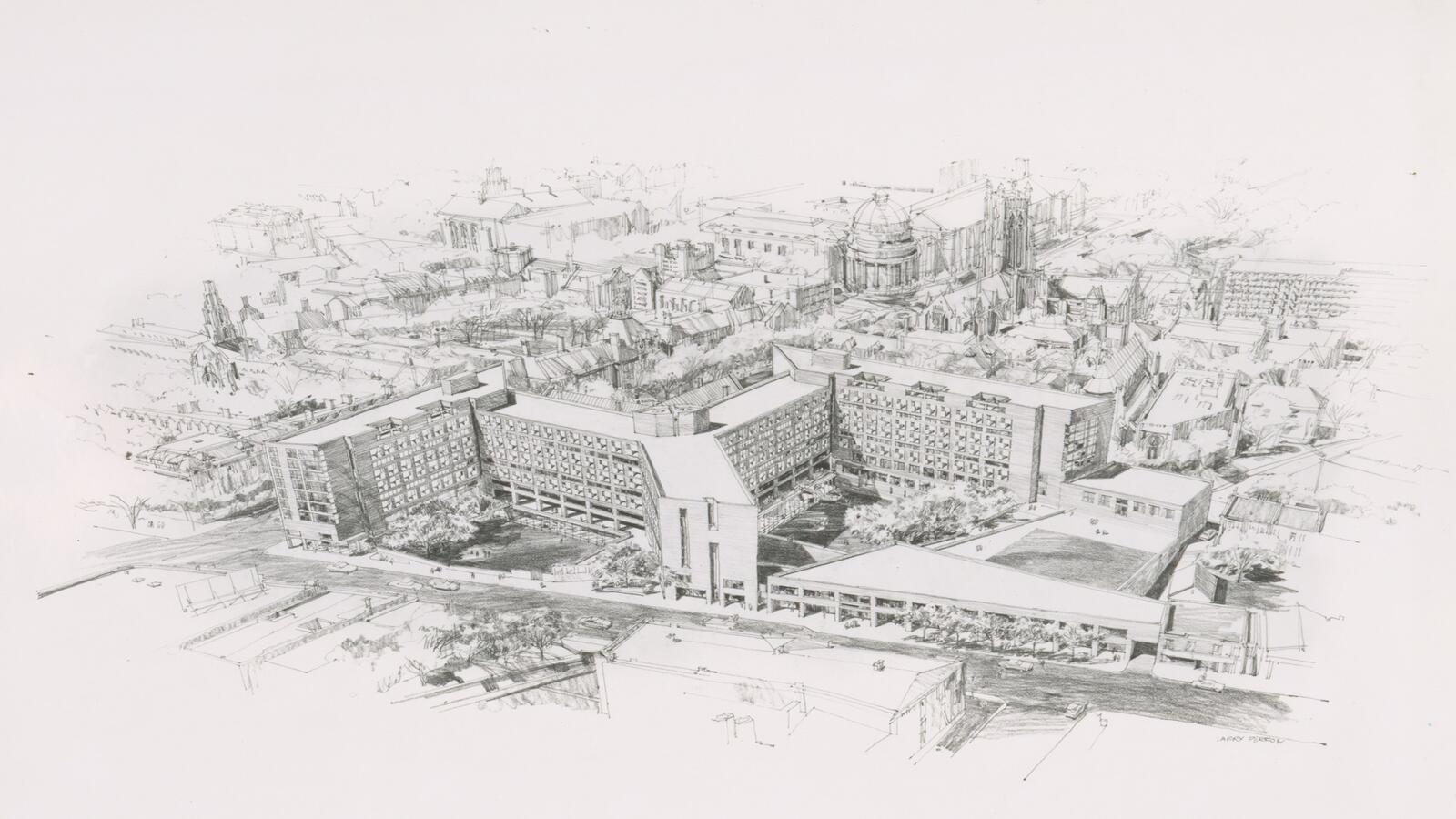 A 1972 architect's rendering of Yale's campus. 