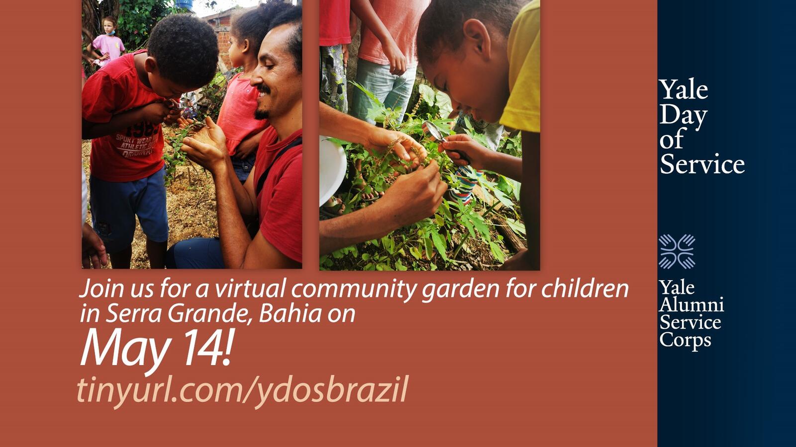 Graphic: Yale Day of Service: Virtual - Brazil Children's Garden, featuring a photo of a Latino man working in a garden with adolescent children