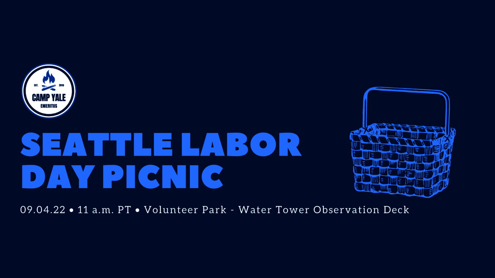 A graphic with a picnic basket, the Camp Yale logo, the name, date and location of the event.