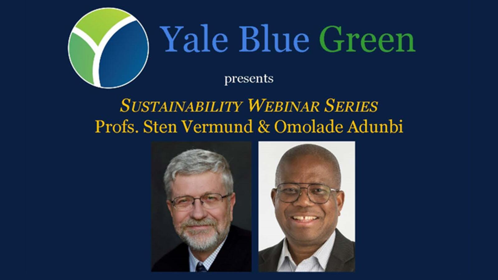 Yale Blue Green Sustainability Webinar Series featuring Sten Vermund and Omolade Adunbi ’04 MA, ’10 PhD Event Graphic