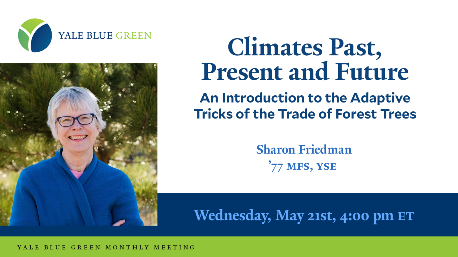 Yale Blue Green | ‘Climates Past, Present and Future: An Introduction to the Adaptive Tricks of the Trade of Forest Trees’ featuring Sharon Friedman ’77 MFS