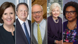 Left to right: Lise Pfeiffer Chapman ’81 M.B.A., Gregory J. Hall ’77, Bo Hopkins ’86 M.B.A., Margaret Hilary Marshall ’76 J.D., ’12 LL.D.H, and Sheryl Carter Negash ’82.