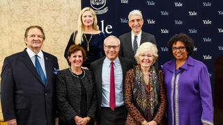 The recipients of the 2018 Yale Medal gather with YAA Chair Nancy Stratford and Yale President Peter Salovey (top row).