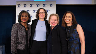 YaleWomen Lifetime Achievement award recipients (L to R): Anita Hill ’80 JD, Catherine Lhamon '96 JD, Ann Olivarius '77, '86 JD/MBA, and moderator Joanne Lipman '83. (Credit: Erin Scott)