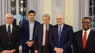 Left to right: Thomas J. Opladen ’66, executive officer of the YAA Board of Governors, executive chairman of MMT, Inc.; William Shikani ’10, director of commodities trading at Bank of America; Robert J. Shiller, Sterling Professor of Economics and Nobel laureate; Neil Hohmann ’91, head of structured products and a portfolio manager for Brown Brothers Harriman Investment Management, and president of the Yale Club of New York City; Sulexan Chery, ’15 EMBA, first vice president at Ambac Assurance Corporation. 