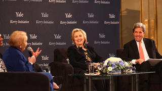 Madeleine Albright talks to Hillary Clinton '73 JD and John Kerry '66 during the Kerry Initiative Conference, “Challenges to Democracy at Home and Abroad.”