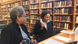 Judge Inez Smith Reid ’62, right, with Shana Jackson, co-curator of an exhibit on Reid's life and career at the Lillian Goldman Law Library