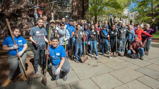 Yale Day of Service volunteers gather during their service project near Old Campus in New Haven.