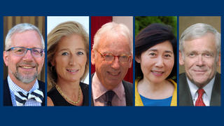 2019 Yale Medal recipients Scott R. Williamson ’80, Nancy Marx Better ’84, John Walsh ’61, Caroline Hsiao Van ’79, and William H. Donaldson ’53.