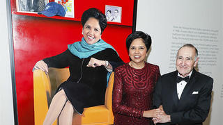 Indra Nooyi ’80 MBA poses with her portrait and artist Jon R. Friedman at the 2019 American Portrait Gala on November 17.