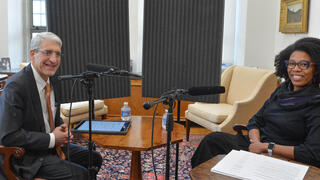 President Peter Salovey with Professor Crystal Feimster recording the first episode of YaleTalk