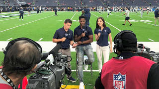 Mina Kimes ’07 B.A. covers a Rams pre-season game with Andrew Siciliano and Nate Burleson. Kimes is a senior writer and commentator for ESPN, and host of the new ESPN podcast The Daily.