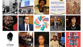 A collage of images of books, articles, speakers, and more on combating racism and advancing equality and justice
