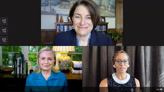 Clockwise from top: Senator Amy Klobuchar ’82 B.A., Assistant Dean Risë Nelson, Hillary Clinton ’73 J.D. 