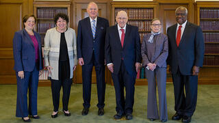 (from left) U.S. Supreme Court Justices Elena Kagan, Sonia Sotomayor '79, Anthony Kennedy, Ruth Bader Ginsburg, and Clarence Thomas '74 all gave tributes to Judge Ralph K. Winter '60 (center, right) at a special ceremony in September 2017 when Judge Winter received the 2016 Edward J. Devitt Distinguished Service to Justice Award.