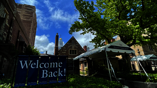 A look at the Welcome Back sign outside Rose Alumni House welcoming alumni back for 2022 Yale College reunions