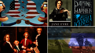 Graphic: A collage of images from the four Yale Alumni College summer courses (clockwise from top left): Polarized America, Jane Eyre and Rebecca, Wars in the Head, and Bach.
