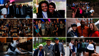 Photo collage: Nine images of friends and classmates of all ages gathering around campus for 2022 Yale College Reunions