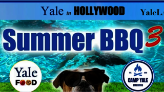 Image of Bulldog near grass and water with logos from Yale Food, Camp Yale, Yale in Hollywood, and YaleLA around the words Summer BBQ 3