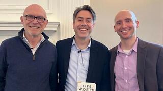 Coauthors Miroslav Volf, Matthew Croasmun, and Ryan McAnnally-Linz at the Life Worth Living book release party at YDS on March 28
