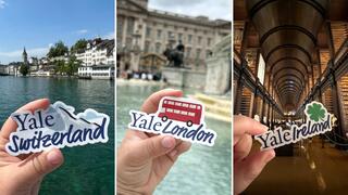 BOLD & Beyond: Abroad 2023: Three images of a hands holding stickers that read Yale Switzerland, Yale London, and Yale Ireland.