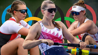 Yale senior Maya Meschkuleit (left), Margaret Hedeman ’23, and Daisy Mazzio-Manson ’20 are among the 16 current and former Yale rowers competing at the 2024 Summer Olympics.
