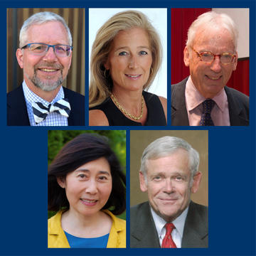 The recipients of the 2019 Yale Medal (clockwise from top left): Scott Williamson ’80, Nancy Better ’84, John Walsh ’61, William Donaldson, and Caroline Van ’79