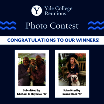 Graphic stating the winners of the 2022 Reunion Photo Contest: Michael G. Hrycelak ’97 and Susan Block ’77